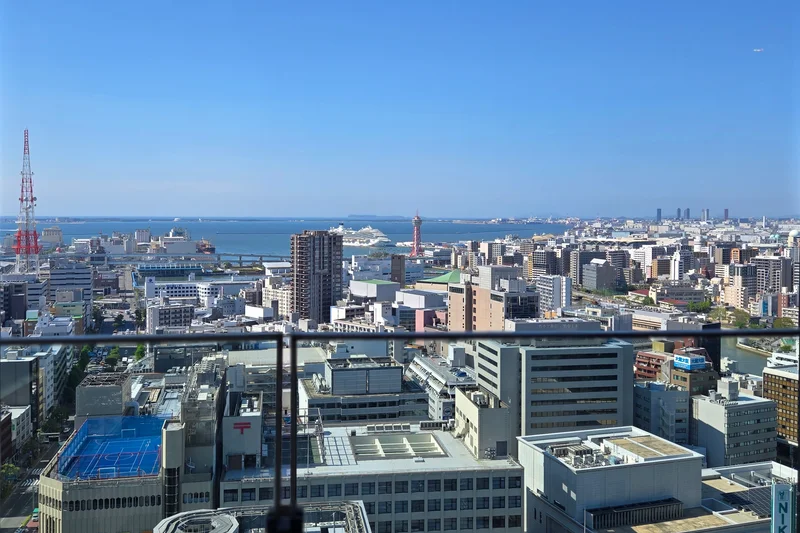 Central Fukuoka and Hakata Bay seen from a high-rise in Tenjin