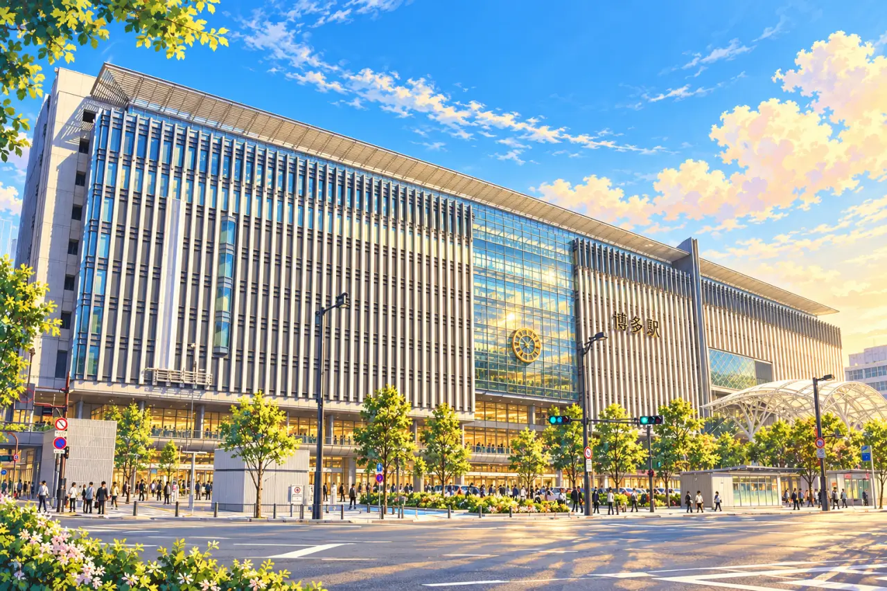 Travel illustration of Hakata Station under a blue sky