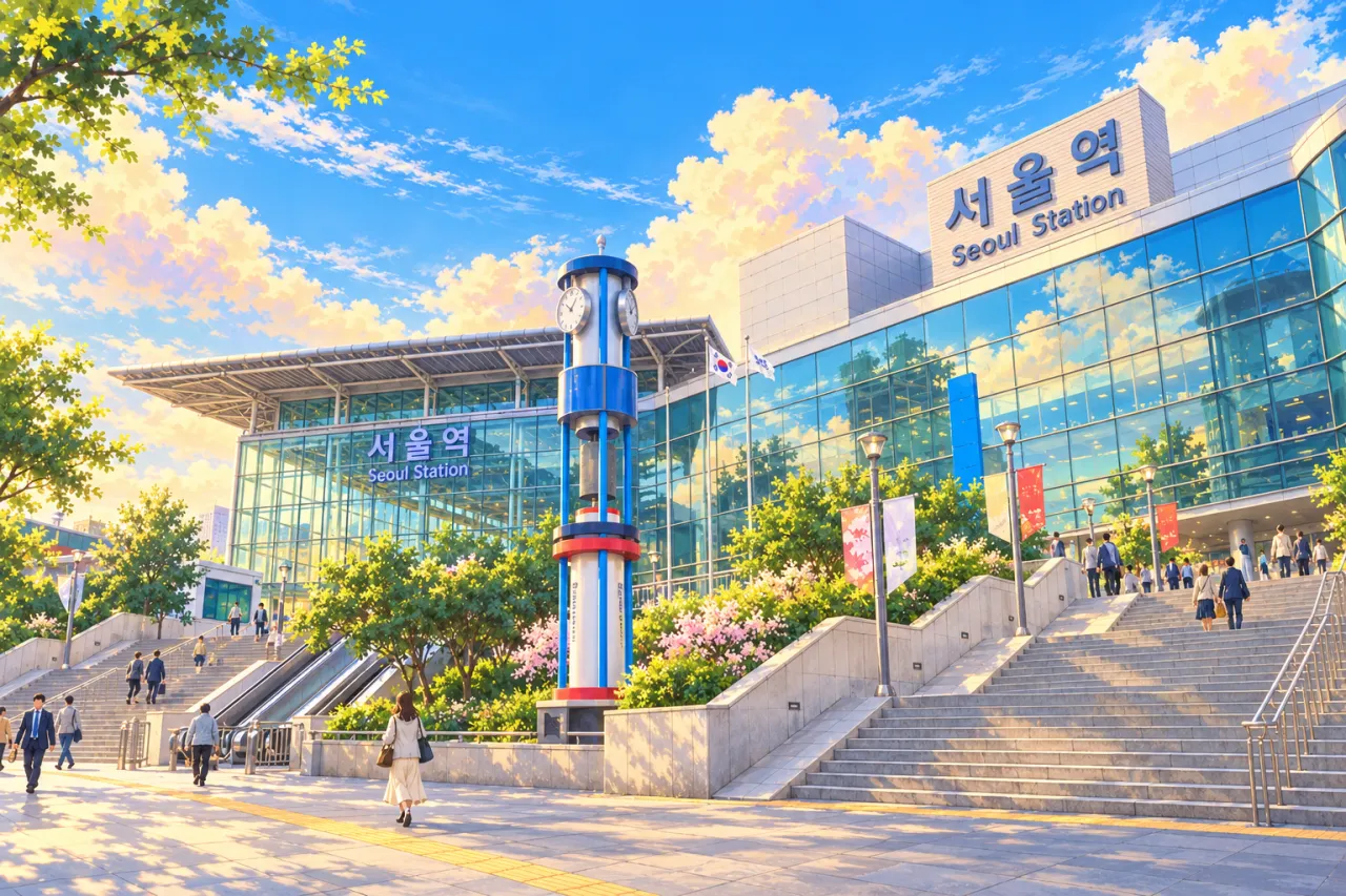 Travel illustration of modern Seoul Station and its forecourt